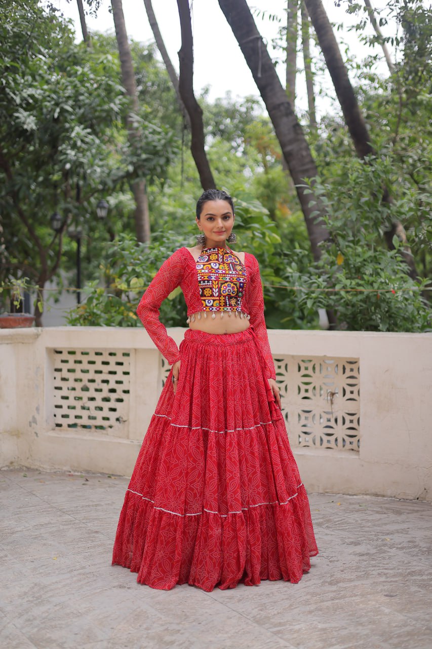 Red Bandhej Print Faux Georgette Lehenga Choli Set with Gotta Patti & Gamthi Embroidery – Stitched ClothsVilla
