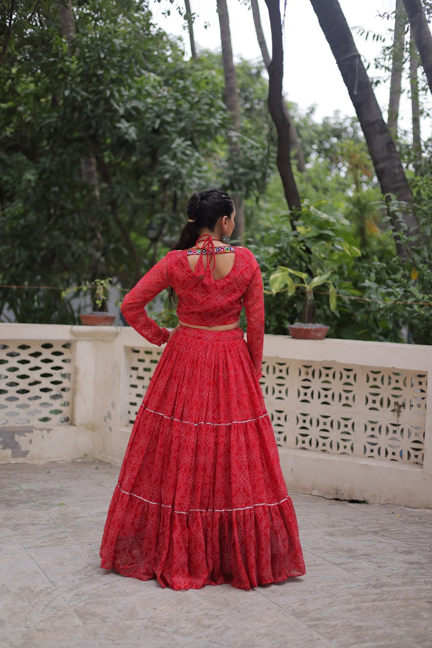Red Bandhej Print Faux Georgette Lehenga Choli Set with Gotta Patti & Gamthi Embroidery – Stitched ClothsVilla