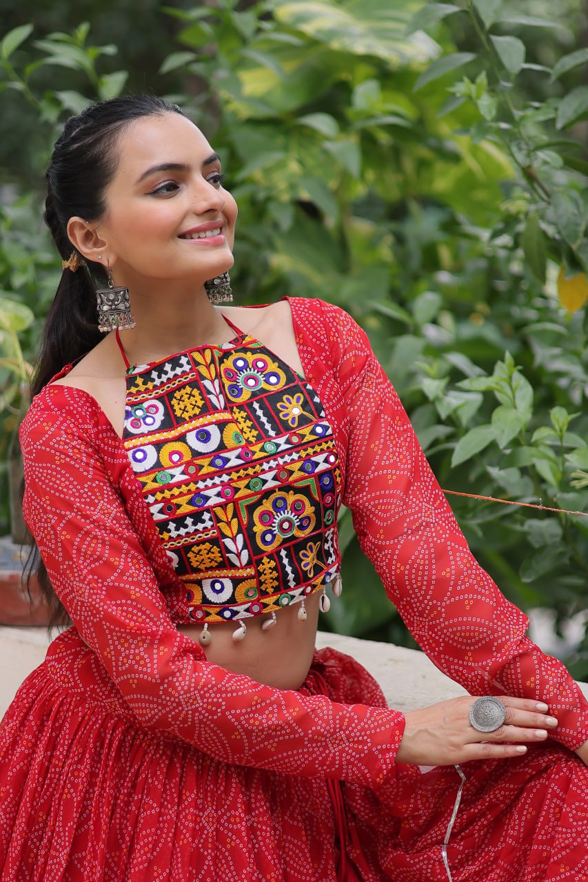 Red Bandhej Print Faux Georgette Lehenga Choli Set with Gotta Patti & Gamthi Embroidery – Stitched ClothsVilla