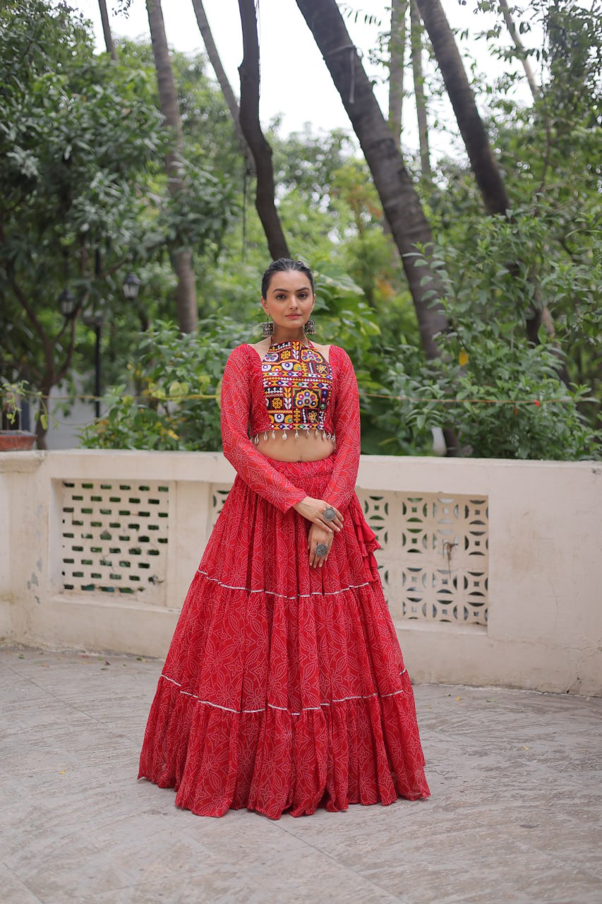 Red Bandhej Print Faux Georgette Lehenga Choli Set with Gotta Patti & Gamthi Embroidery – Stitched ClothsVilla