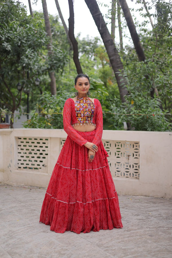 Red Bandhej Print Faux Georgette Lehenga Choli Set with Gotta Patti & Gamthi Embroidery – Stitched ClothsVilla