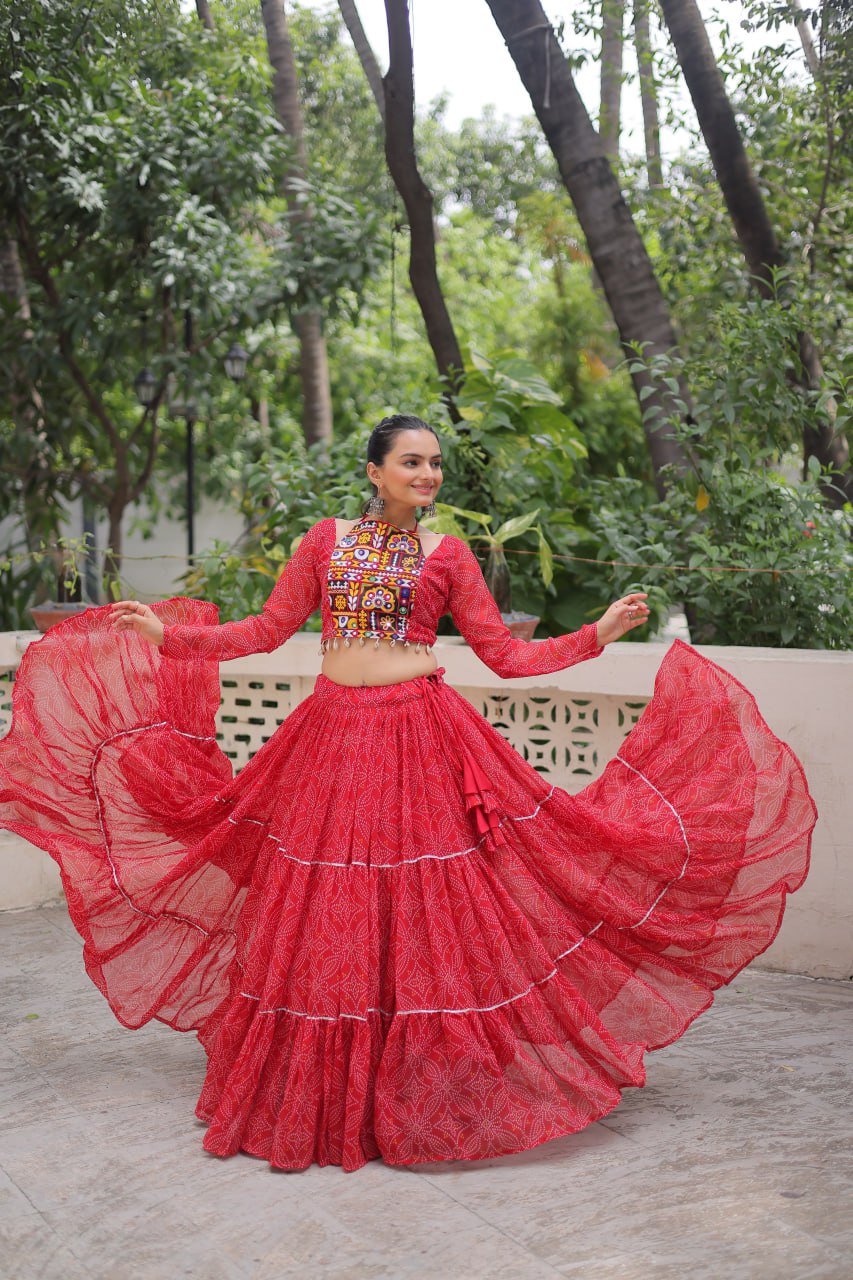Red Bandhej Print Faux Georgette Lehenga Choli Set with Gotta Patti & Gamthi Embroidery – Stitched ClothsVilla