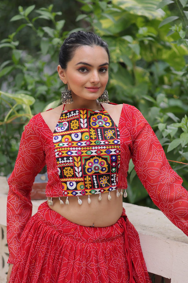 Red Bandhej Print Faux Georgette Lehenga Choli Set with Gotta Patti & Gamthi Embroidery – Stitched ClothsVilla