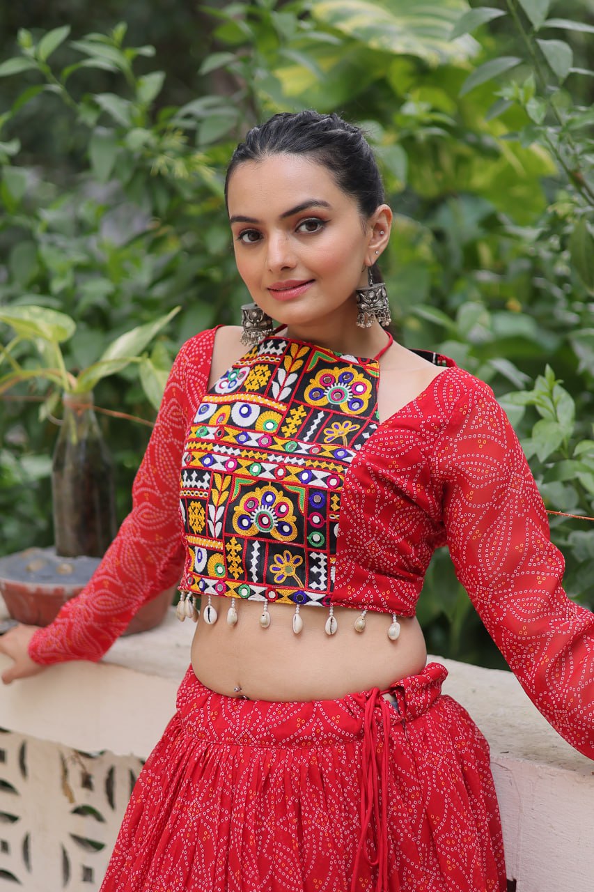 Red Bandhej Print Faux Georgette Lehenga Choli Set with Gotta Patti & Gamthi Embroidery – Stitched ClothsVilla