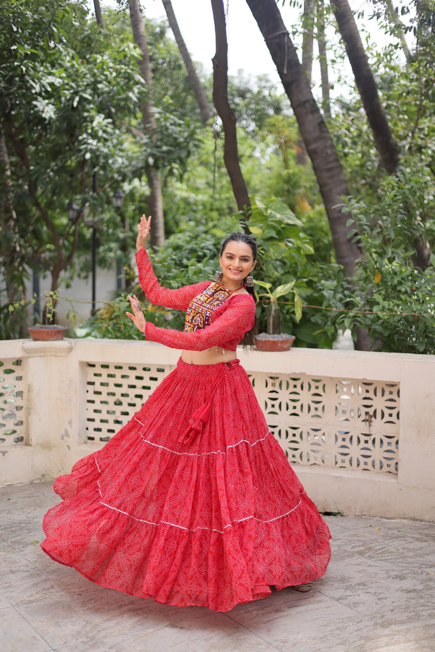Red Bandhej Print Faux Georgette Lehenga Choli Set with Gotta Patti & Gamthi Embroidery – Stitched ClothsVilla