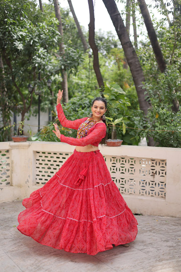 Red Bandhej Print Faux Georgette Lehenga Choli Set with Gotta Patti & Gamthi Embroidery – Stitched ClothsVilla