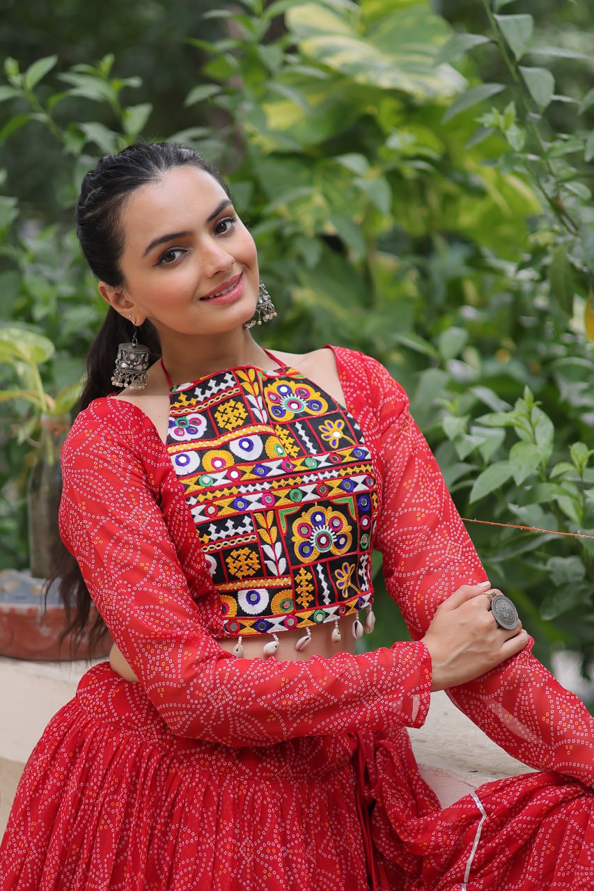 Red Bandhej Print Faux Georgette Lehenga Choli Set with Gotta Patti & Gamthi Embroidery – Stitched ClothsVilla