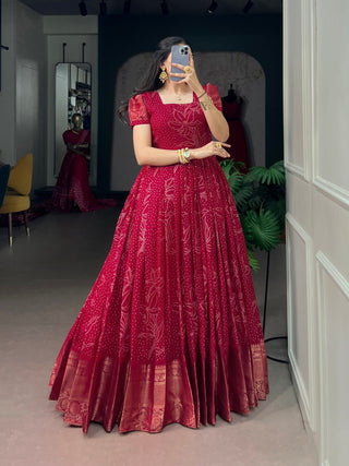 Red Bandhej Print Long Dress ClothsVilla