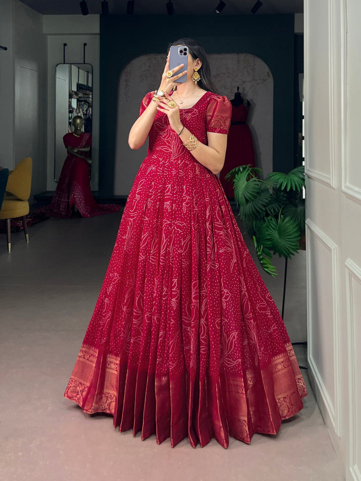 Red Bandhej Print Long Dress ClothsVilla