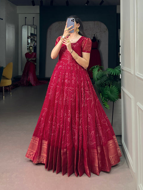 Red Bandhej Print Long Dress ClothsVilla Main image