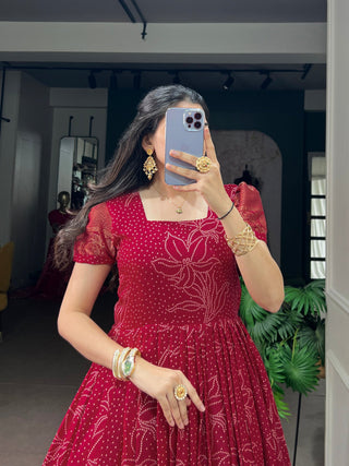 Red Bandhej Print Long Dress ClothsVilla