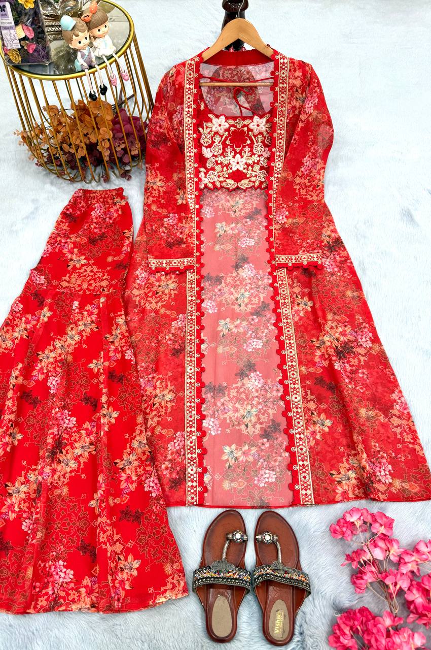 Red Bollywood Style Indo-Western Koti, Plazzo & Blouse Set with Floral Digital Print & 5MM Sequins Work ClothsVilla