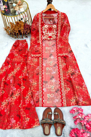 Red Bollywood Style Indo-Western Koti, Plazzo & Blouse Set with Floral Digital Print & 5MM Sequins Work ClothsVilla