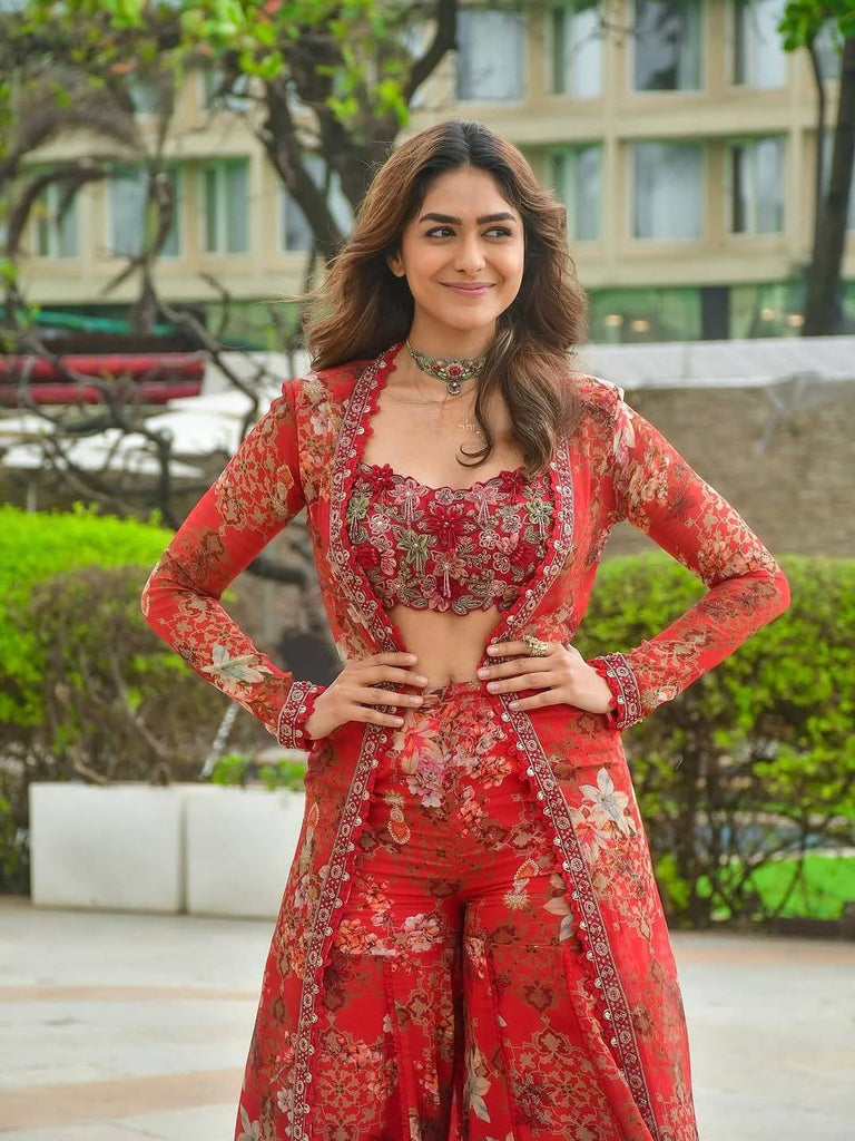 Red Bollywood Style Indo-Western Koti, Plazzo & Blouse Set with Floral Digital Print & 5MM Sequins Work ClothsVilla