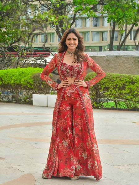 bollywood modern dress Red Bollywood Style Indo-Western Koti, Plazzo & Blouse Set with Floral Digital Print & 5MM Sequins Work S