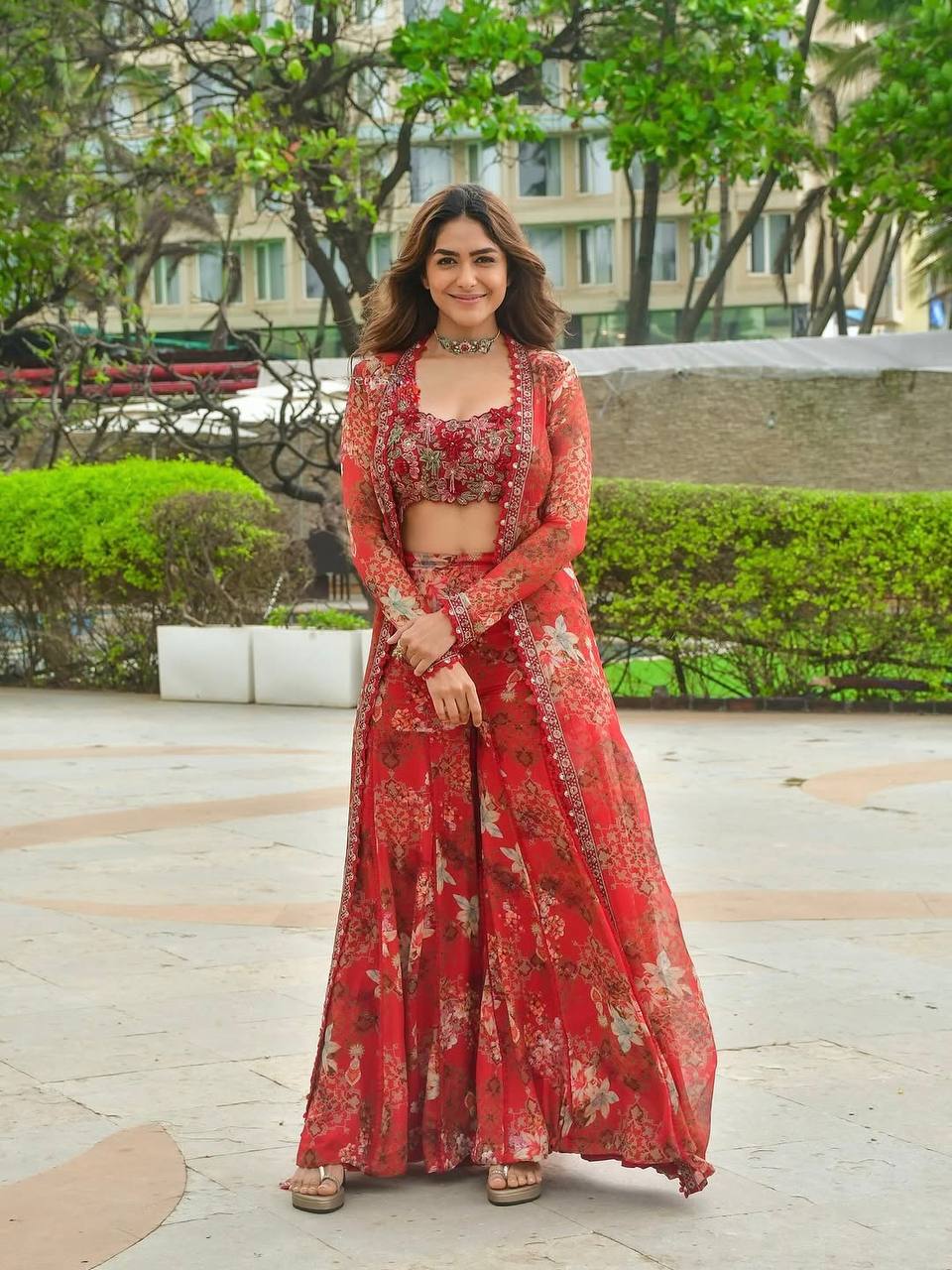 Red Bollywood Style Indo-Western Koti, Plazzo & Blouse Set with Floral Digital Print & 5MM Sequins Work ClothsVilla
