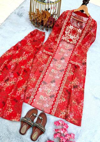 Red Bollywood Style Indo-Western Koti, Plazzo & Blouse Set with Floral Digital Print & 5MM Sequins Work ClothsVilla