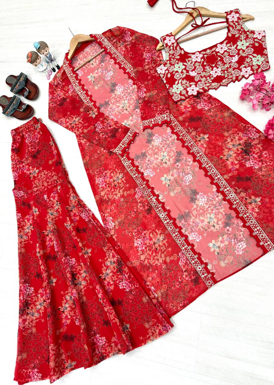 Red Bollywood Style Indo-Western Koti, Plazzo & Blouse Set with Floral Digital Print & 5MM Sequins Work ClothsVilla