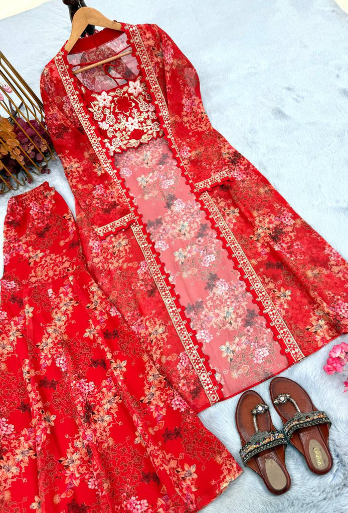 Red Bollywood Style Indo-Western Koti, Plazzo & Blouse Set with Floral Digital Print & 5MM Sequins Work ClothsVilla