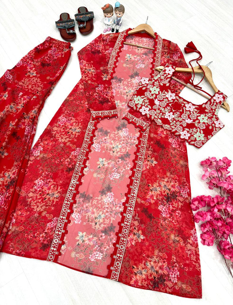 Red Bollywood Style Indo-Western Koti, Plazzo & Blouse Set with Floral Digital Print & 5MM Sequins Work ClothsVilla