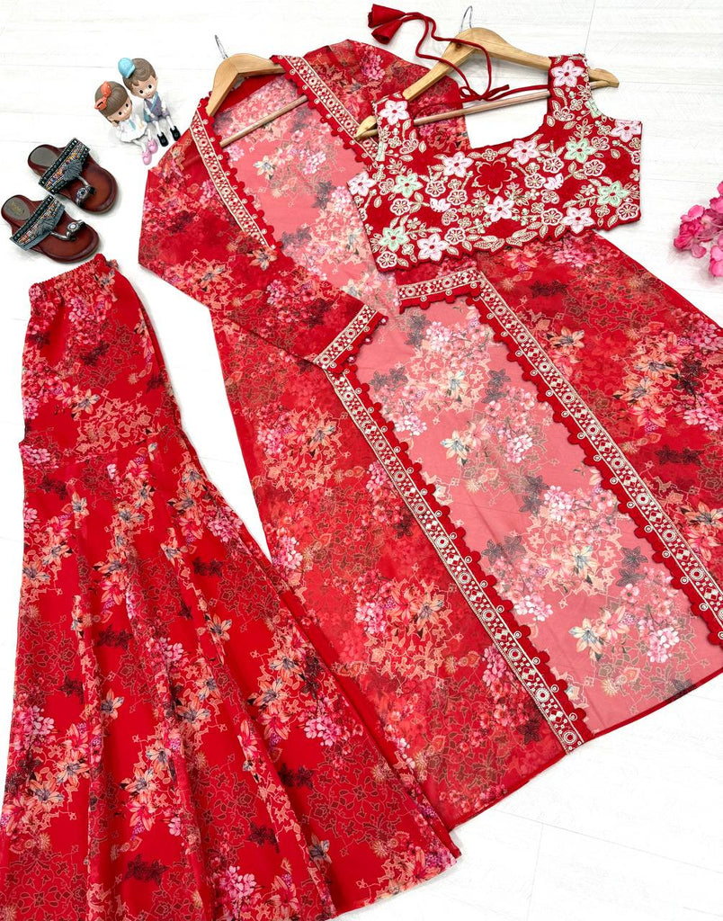 Red Bollywood Style Indo-Western Koti, Plazzo & Blouse Set with Floral Digital Print & 5MM Sequins Work ClothsVilla