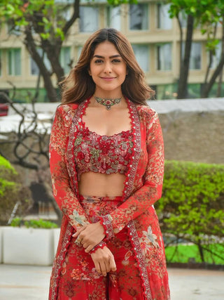 Red Bollywood Style Indo-Western Koti, Plazzo & Blouse Set with Floral Digital Print & 5MM Sequins Work ClothsVilla