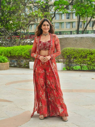 Red Bollywood Style Indo-Western Koti, Plazzo & Blouse Set with Floral Digital Print & 5MM Sequins Work ClothsVilla