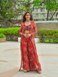 Load image into Gallery viewer, Red Bollywood Style Indo-Western Koti, Plazzo &amp; Blouse Set with Floral Digital Print &amp; 5MM Sequins Work ClothsVilla