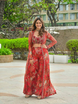 Red Bollywood Style Indo-Western Koti, Plazzo & Blouse Set with Floral Digital Print & 5MM Sequins Work ClothsVilla