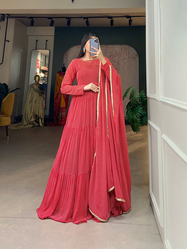 Red Butterfly Bliss Printed Georgette Gown with Shimmering Dupatta - Ready to Wear ClothsVilla