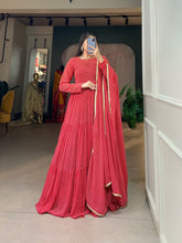 Load image into Gallery viewer, Red Butterfly Bliss Printed Georgette Gown with Shimmering Dupatta - Ready to Wear ClothsVilla