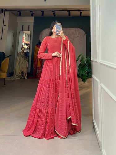 Red Butterfly Bliss Printed Georgette Gown with Shimmering Dupatta - Ready to Wear ClothsVilla