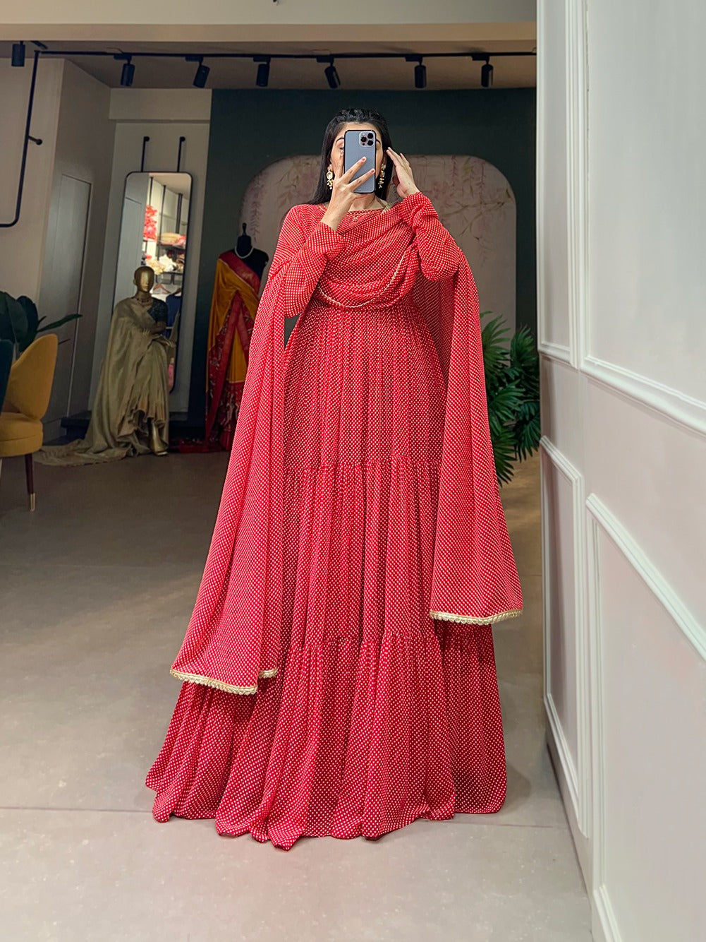 Red Butterfly Bliss Printed Georgette Gown with Shimmering Dupatta - Ready to Wear ClothsVilla Main image