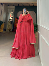 Load image into Gallery viewer, Red Butterfly Bliss Printed Georgette Gown with Shimmering Dupatta - Ready to Wear ClothsVilla