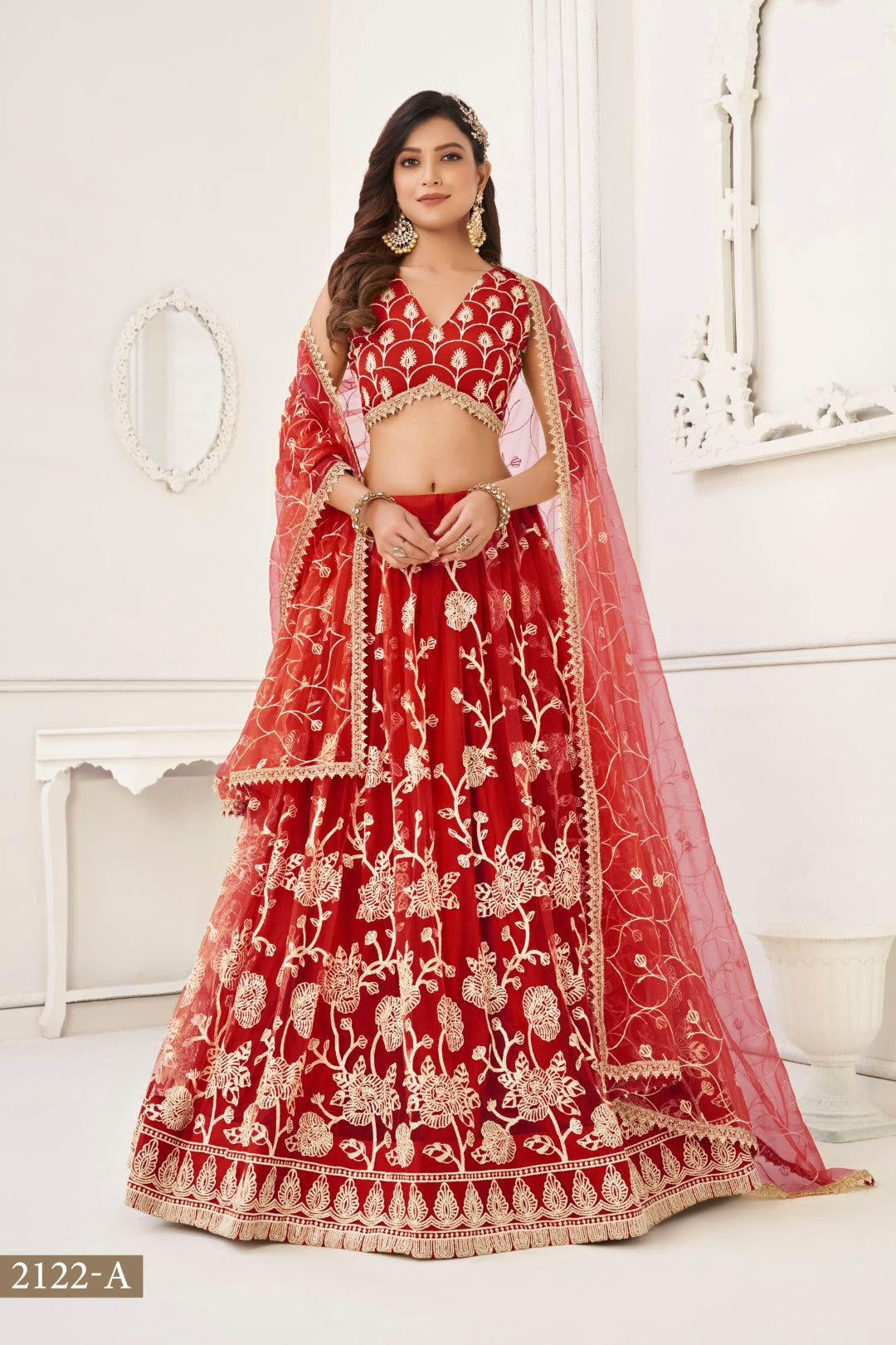 Red Butterfly Net Lehenga with White Cotton Thread Work and Sequence Embroidery Clothsvilla