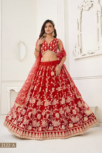 Red Butterfly Net Lehenga with White Cotton Thread Work and Sequence Embroidery