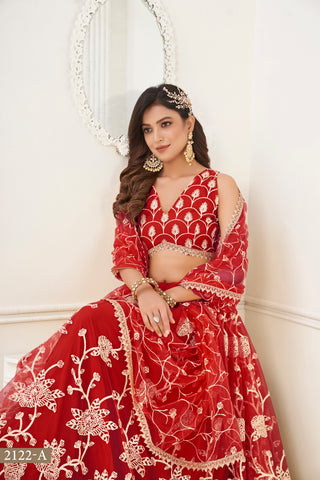 Red Butterfly Net Lehenga with White Cotton Thread Work and Sequence Embroidery