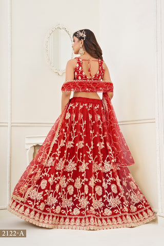 Red Butterfly Net Lehenga with White Cotton Thread Work and Sequence Embroidery