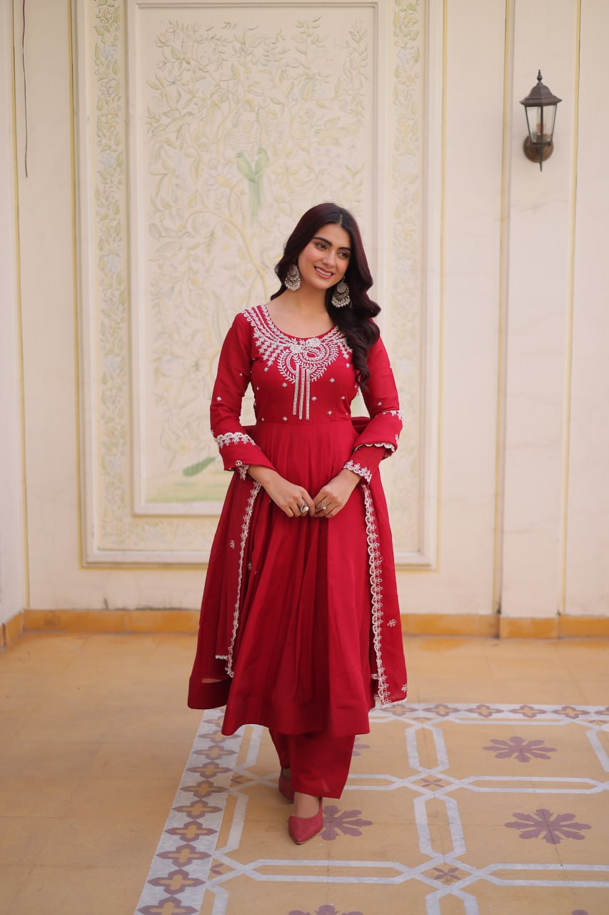 Red Chanderi Anarkali Gown With Dupatta ClothsVilla Main image