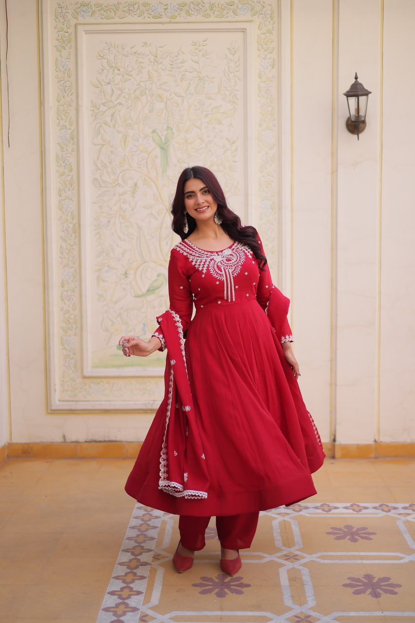 Red Chanderi Anarkali Gown With Dupatta ClothsVilla