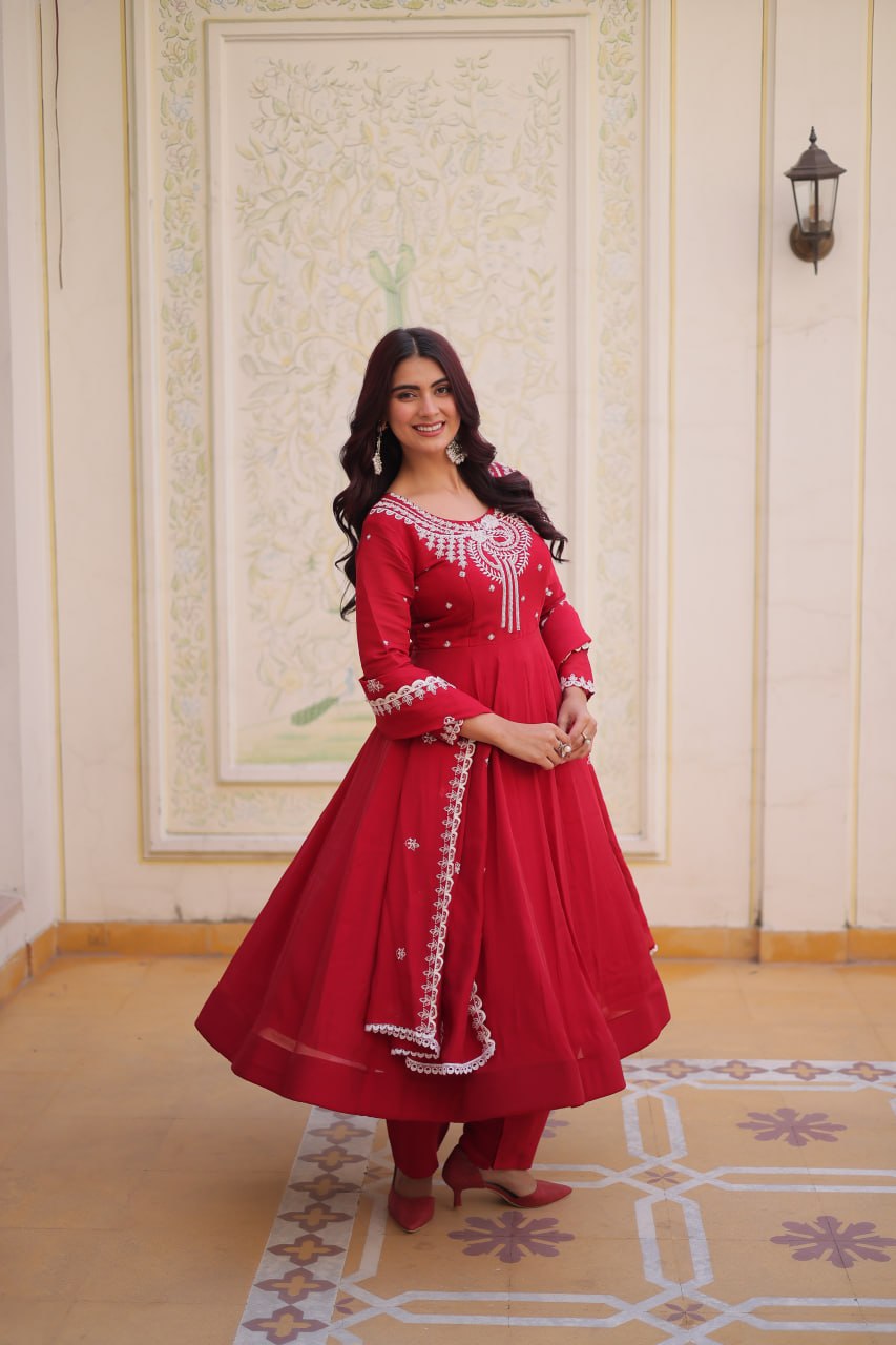 Red Chanderi Anarkali Gown With Dupatta ClothsVilla