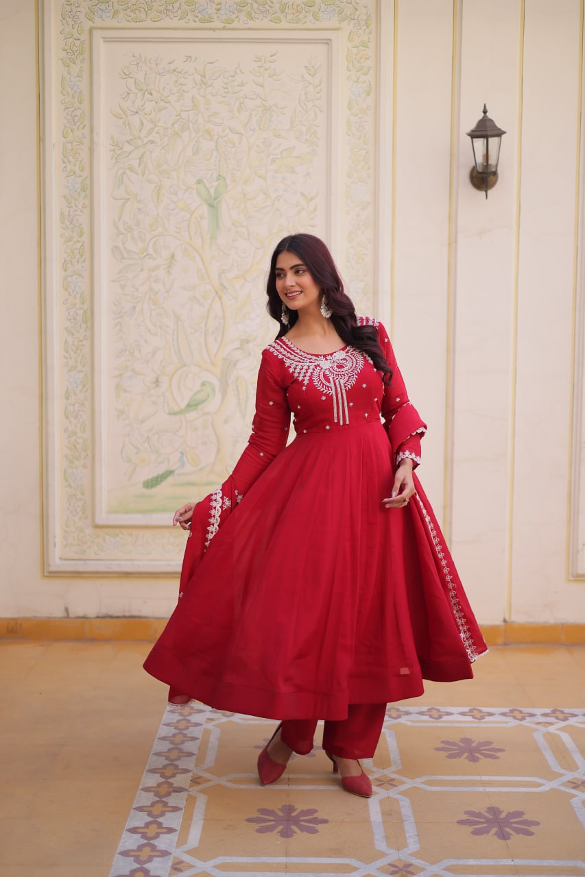 Red Chanderi Anarkali Gown With Dupatta ClothsVilla