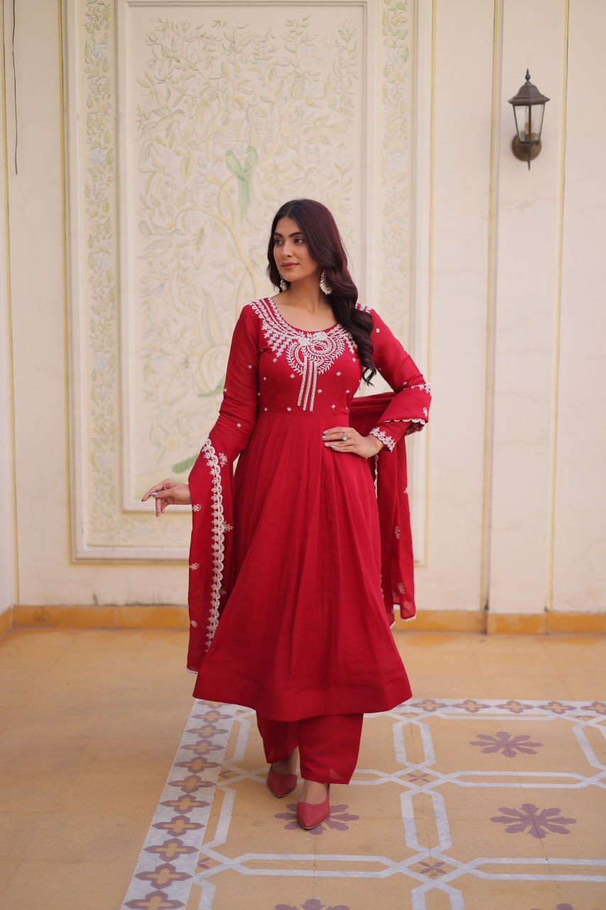 Red Chanderi Anarkali Gown With Dupatta ClothsVilla