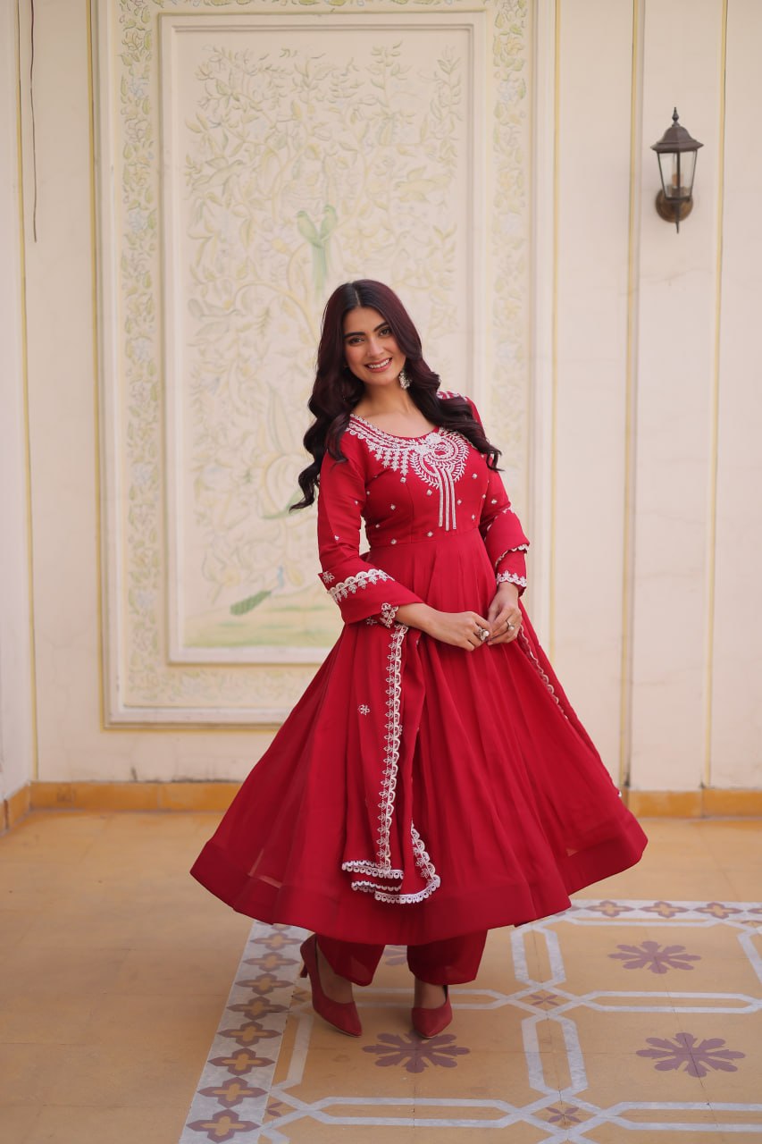 Red Chanderi Anarkali Gown With Dupatta ClothsVilla