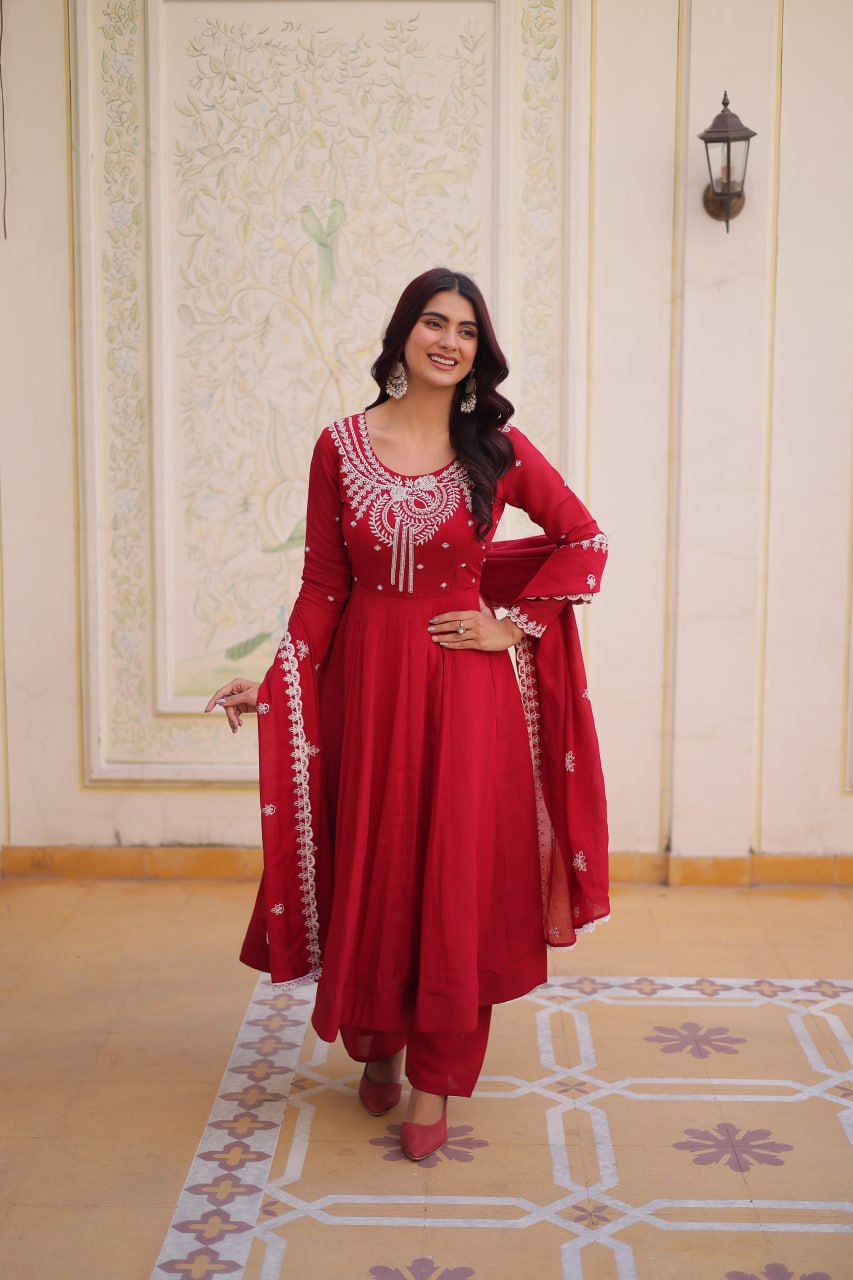 Red Chanderi Anarkali Gown With Dupatta ClothsVilla