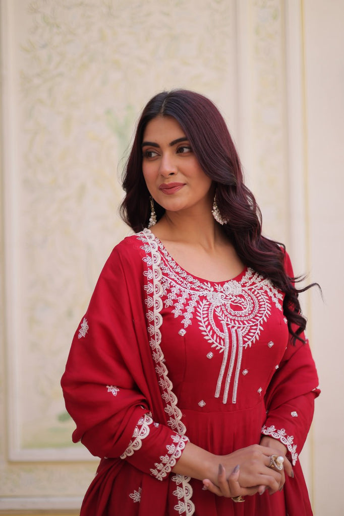 Red Chanderi Anarkali Gown With Dupatta ClothsVilla