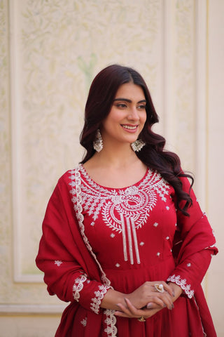 Red Chanderi Anarkali Gown With Dupatta ClothsVilla