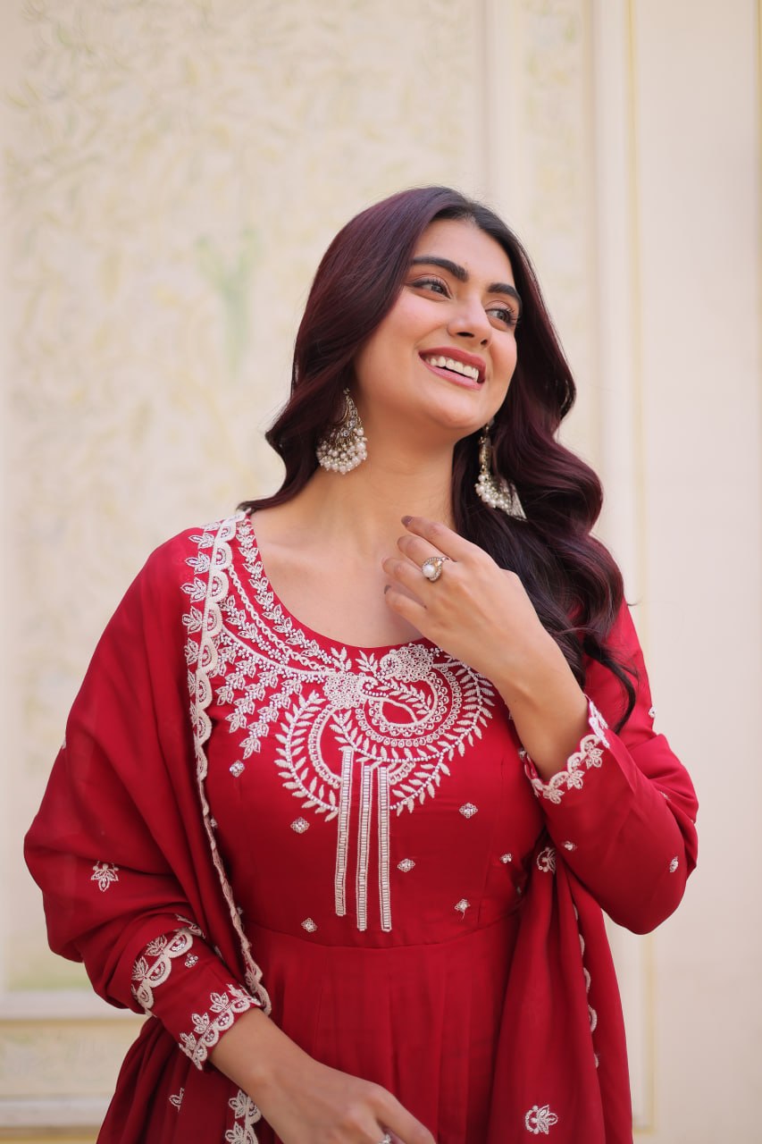 Red Chanderi Anarkali Gown With Dupatta ClothsVilla