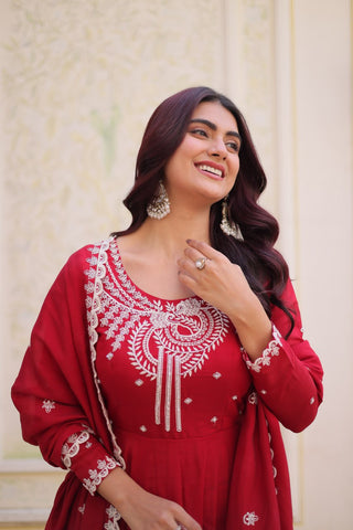 Red Chanderi Anarkali Gown With Dupatta ClothsVilla