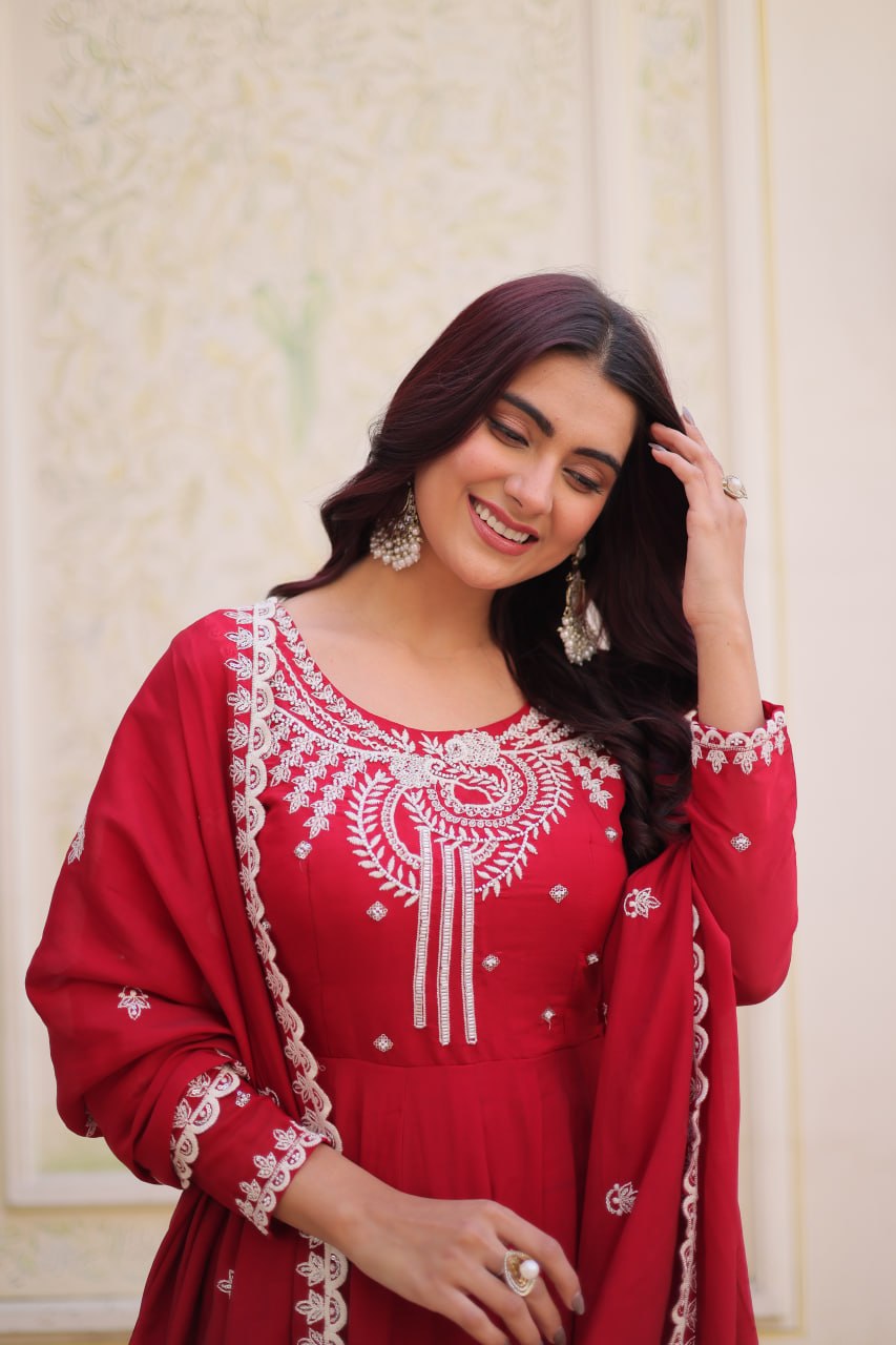 Red Chanderi Anarkali Gown With Dupatta ClothsVilla